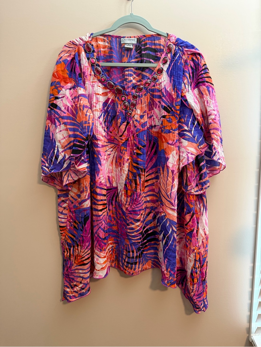 Catherines Purple Pink Orange Tropical Print Top with Embellished Neck